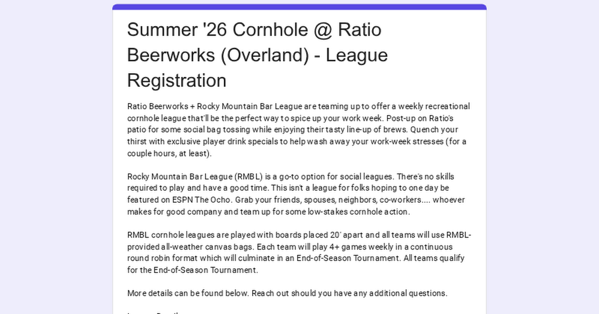 Ratio Cornhole League with RMBL